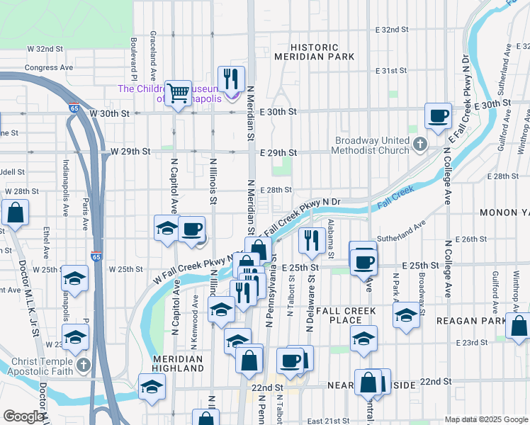 map of restaurants, bars, coffee shops, grocery stores, and more near 2703 North Pennsylvania Street in Indianapolis