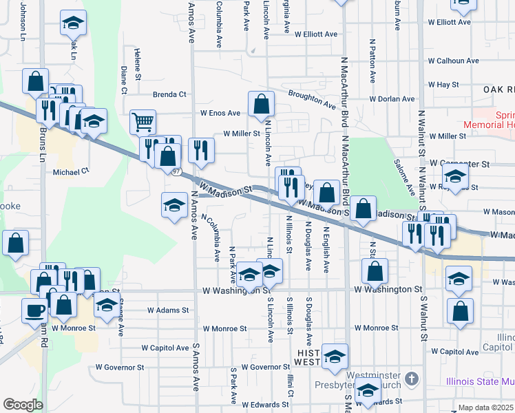 map of restaurants, bars, coffee shops, grocery stores, and more near 301-399 Hickory Street in Springfield