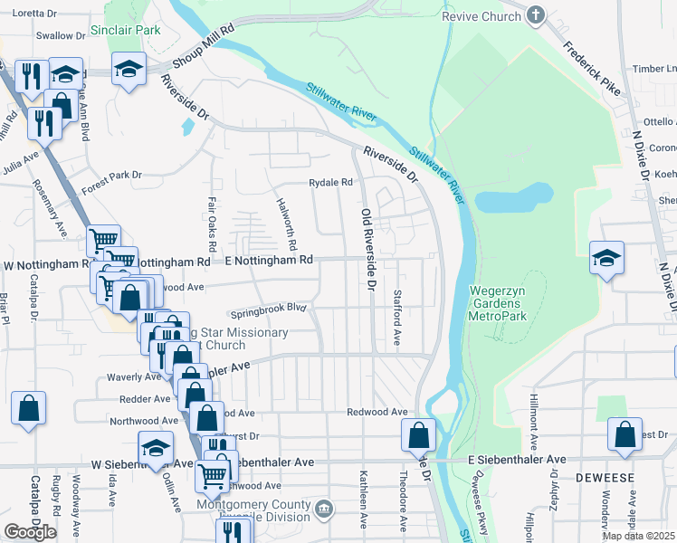 map of restaurants, bars, coffee shops, grocery stores, and more near 245 Fer Don Road in Dayton