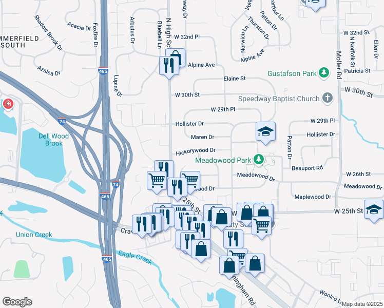 map of restaurants, bars, coffee shops, grocery stores, and more near 6145 Hickorywood Drive in Speedway