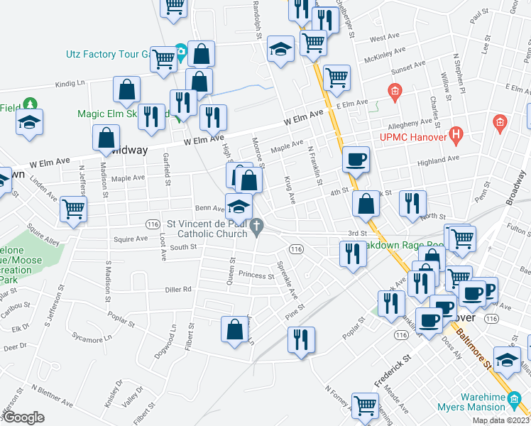map of restaurants, bars, coffee shops, grocery stores, and more near 425 High Street in Hanover