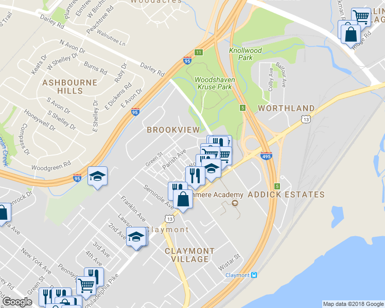 map of restaurants, bars, coffee shops, grocery stores, and more near 1378 Parish Avenue in Claymont