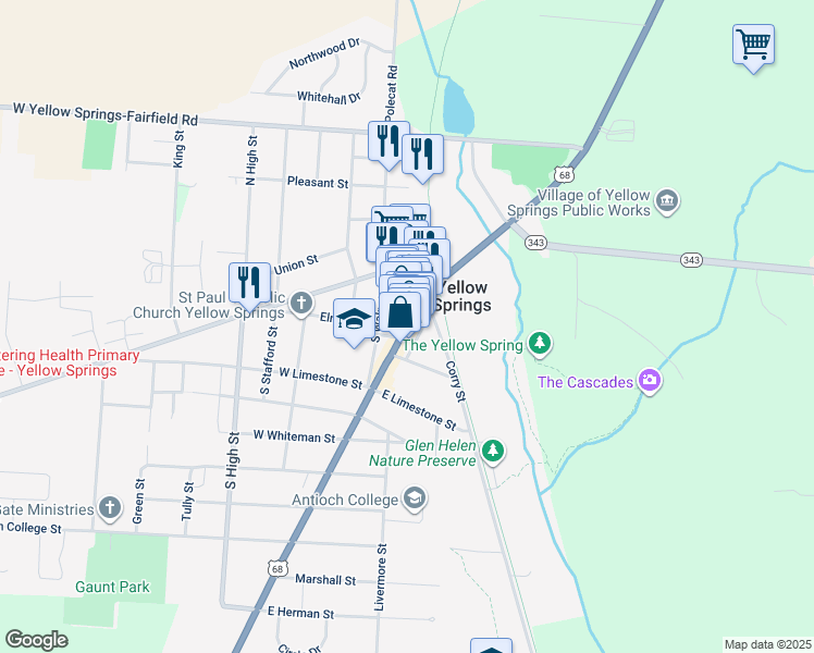 map of restaurants, bars, coffee shops, grocery stores, and more near 235 Xenia Ave in Yellow Springs