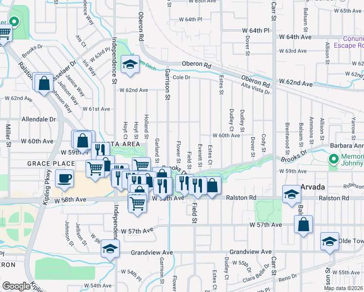 map of restaurants, bars, coffee shops, grocery stores, and more near 5970 Flower Street in Arvada
