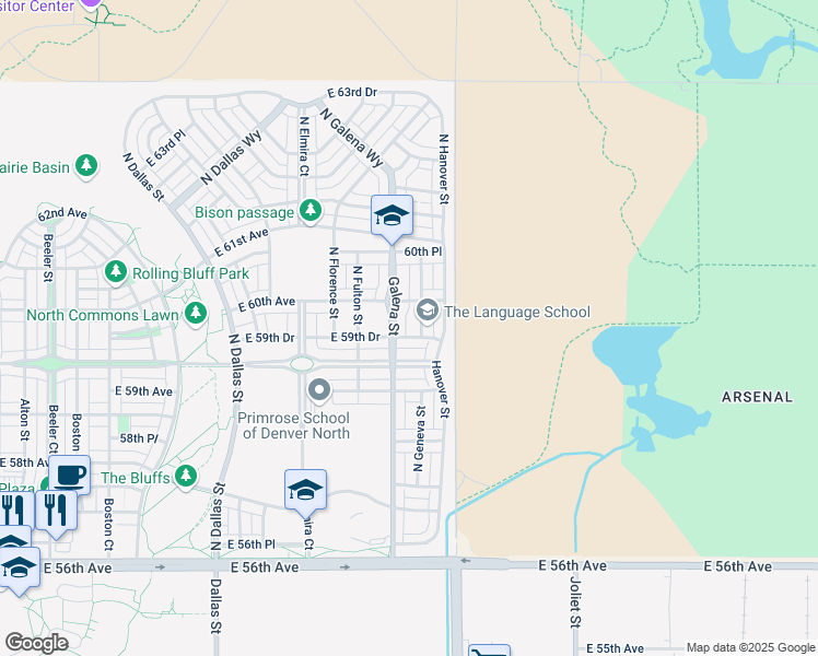 map of restaurants, bars, coffee shops, grocery stores, and more near 5985 North Geneva Street in Denver
