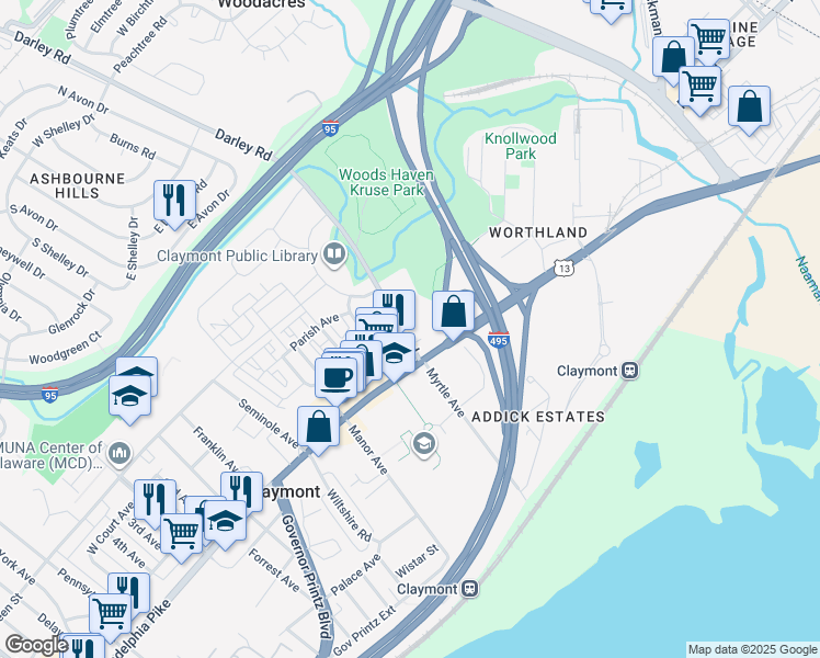 map of restaurants, bars, coffee shops, grocery stores, and more near 4 Darley Road in Claymont