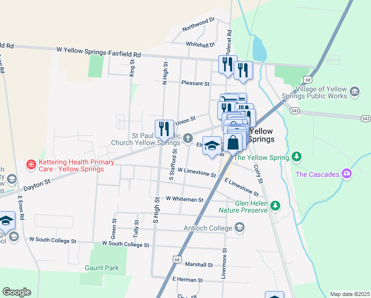 map of restaurants, bars, coffee shops, grocery stores, and more near 310 Phillips St in Yellow Springs