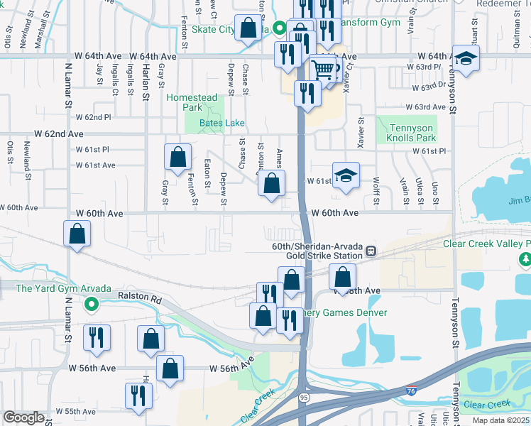 map of restaurants, bars, coffee shops, grocery stores, and more near 5460 West 60th Avenue in Arvada