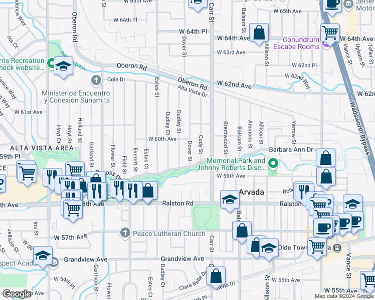 map of restaurants, bars, coffee shops, grocery stores, and more near 5965 Dover Street in Arvada