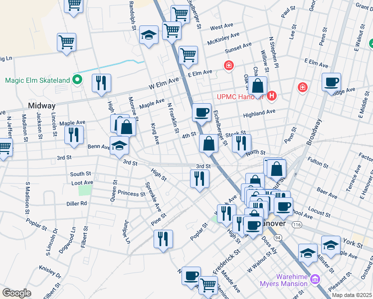 map of restaurants, bars, coffee shops, grocery stores, and more near 419 N Franklin St in Hanover