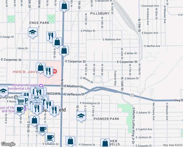 map of restaurants, bars, coffee shops, grocery stores, and more near 429 North 13th Street in Springfield