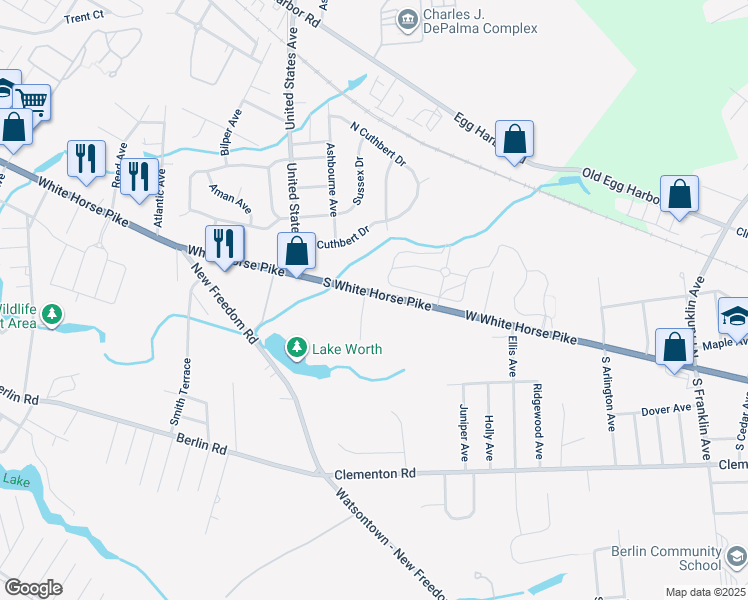map of restaurants, bars, coffee shops, grocery stores, and more near 2438 South White Horse Pike in Lindenwold