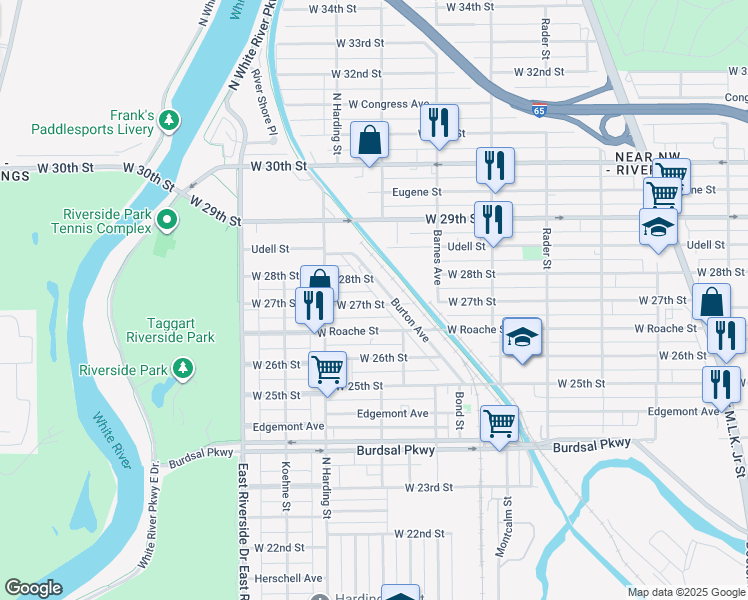 map of restaurants, bars, coffee shops, grocery stores, and more near 1310 West 27th Street in Indianapolis