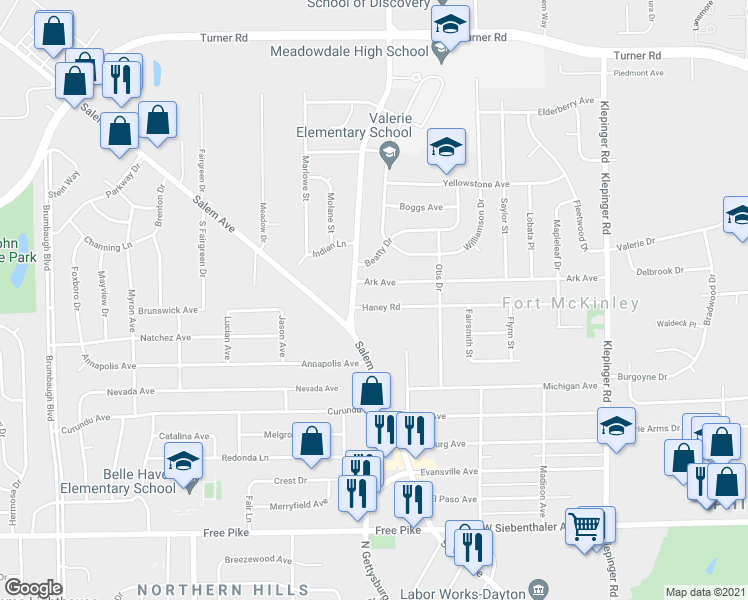 map of restaurants, bars, coffee shops, grocery stores, and more near 4035 Haney Road in Dayton