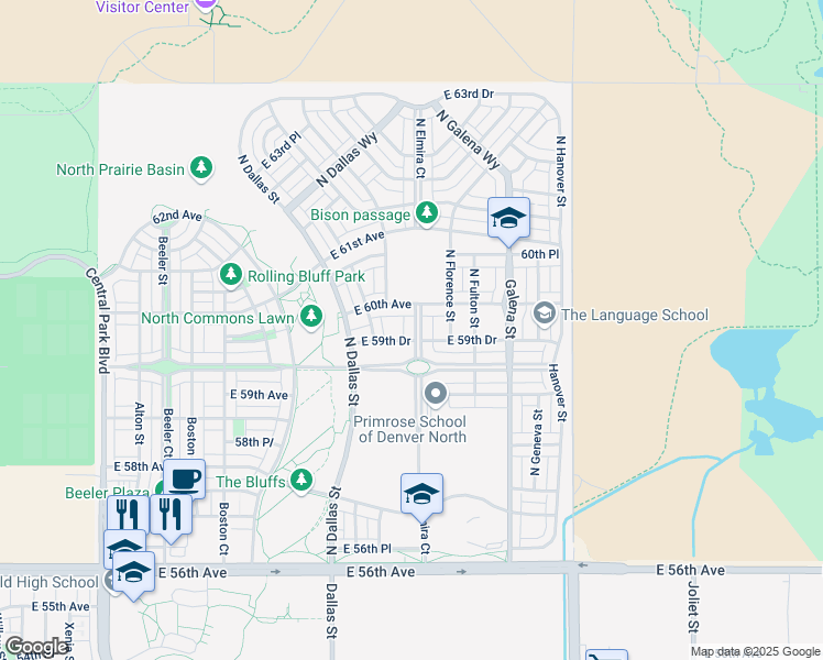 map of restaurants, bars, coffee shops, grocery stores, and more near 5983 North Elmira Street in Denver
