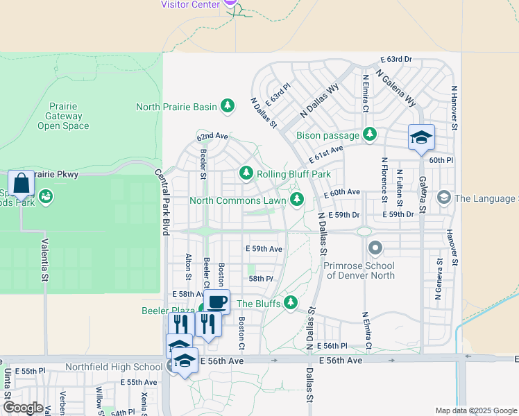 map of restaurants, bars, coffee shops, grocery stores, and more near 9385 59th North Drive in Denver