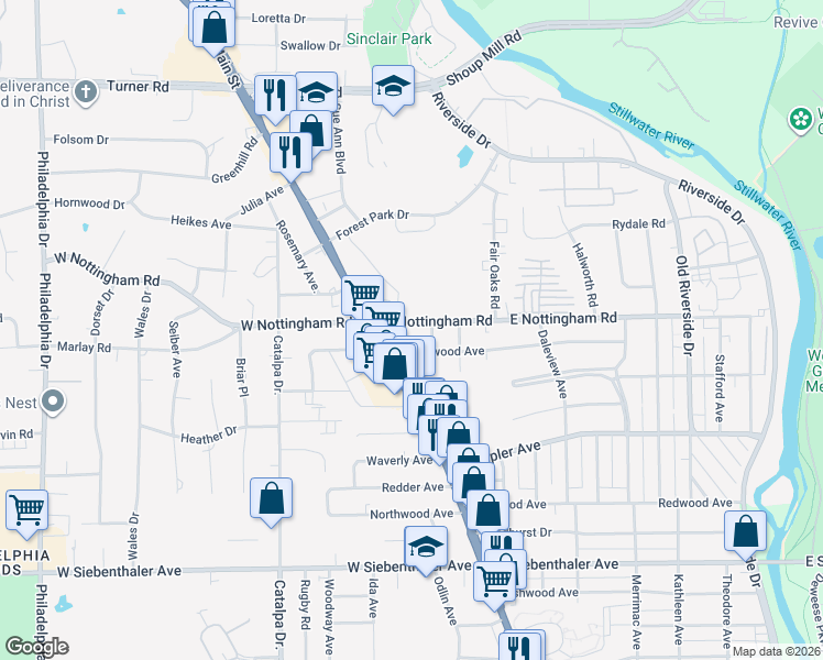 map of restaurants, bars, coffee shops, grocery stores, and more near 80 East Nottingham Road in Dayton