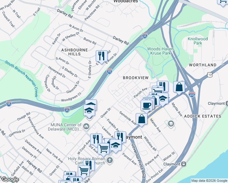 map of restaurants, bars, coffee shops, grocery stores, and more near 607 McComb Place in Claymont