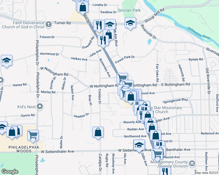 map of restaurants, bars, coffee shops, grocery stores, and more near 62 West Nottingham Road in Dayton