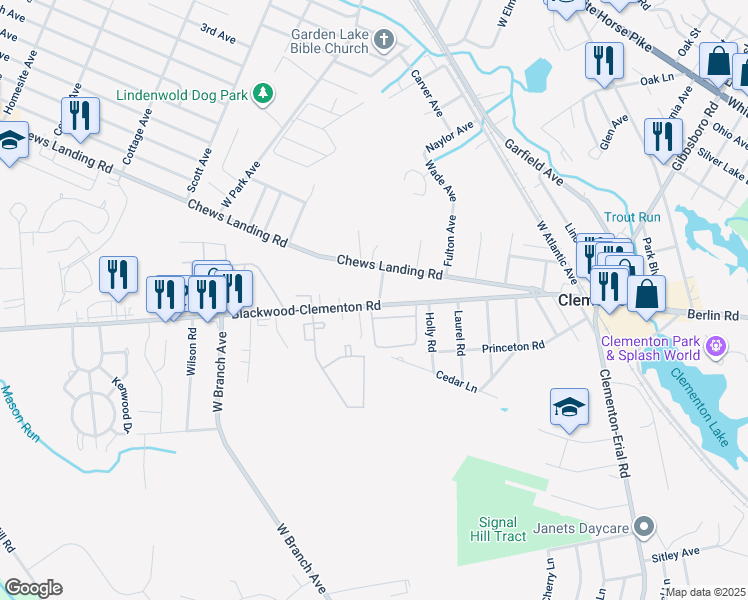 map of restaurants, bars, coffee shops, grocery stores, and more near 151 Blackwood Clementon Road in Clementon