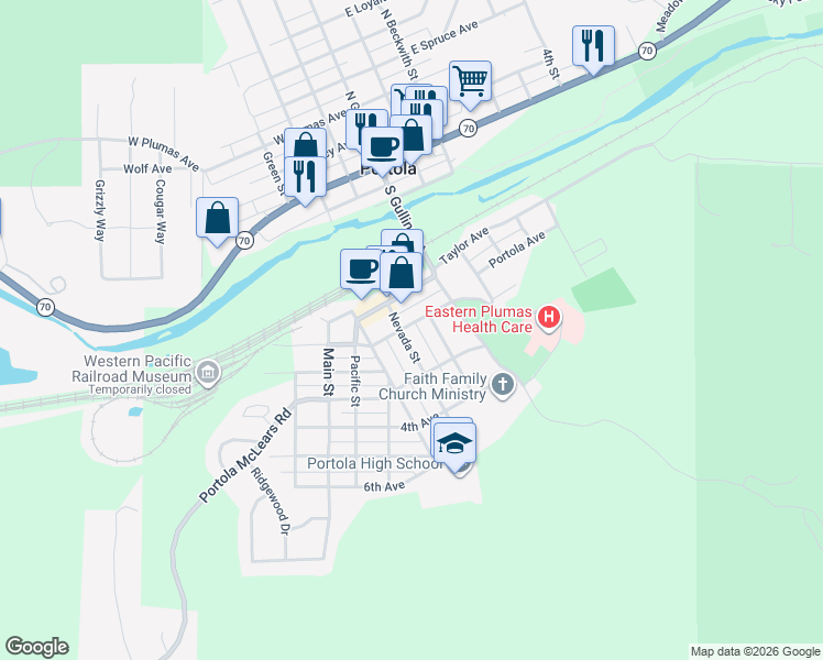 map of restaurants, bars, coffee shops, grocery stores, and more near 201 Nevada Street in Portola