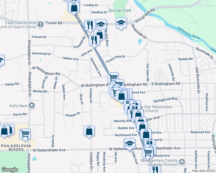 map of restaurants, bars, coffee shops, grocery stores, and more near 28 West Nottingham Road in Dayton