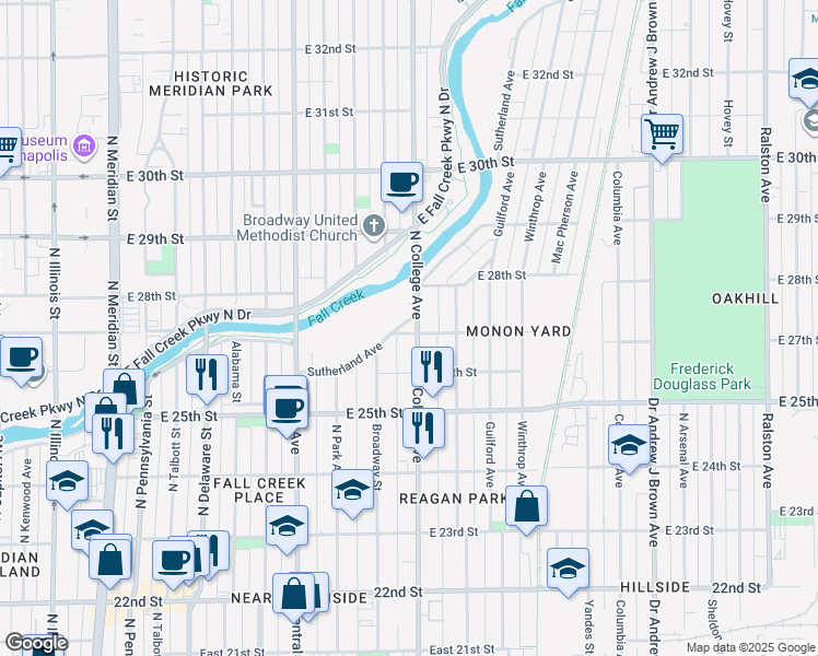 map of restaurants, bars, coffee shops, grocery stores, and more near 2702 North College Avenue in Indianapolis