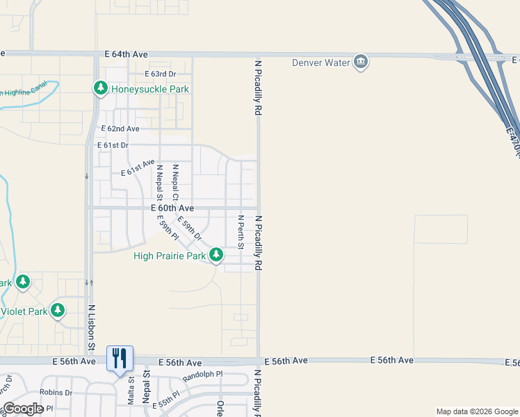 map of restaurants, bars, coffee shops, grocery stores, and more near 21682 East 60th Avenue in Aurora