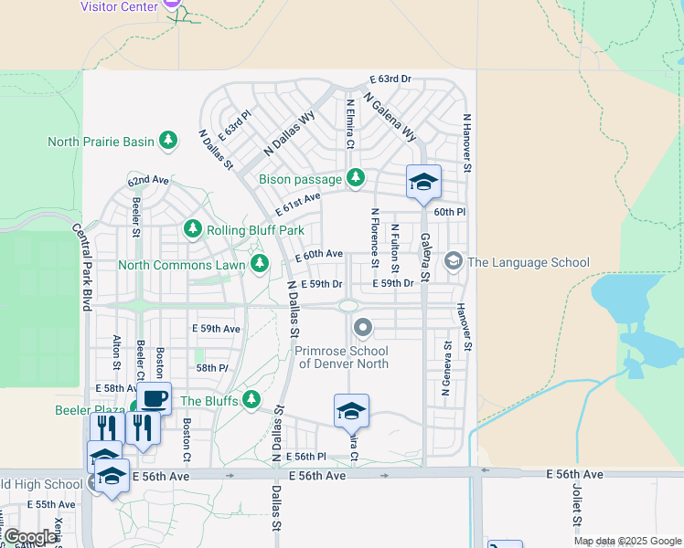 map of restaurants, bars, coffee shops, grocery stores, and more near 5983 North Elmira Street in Denver