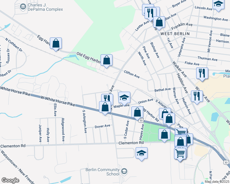 map of restaurants, bars, coffee shops, grocery stores, and more near 20 Locust Avenue in Berlin