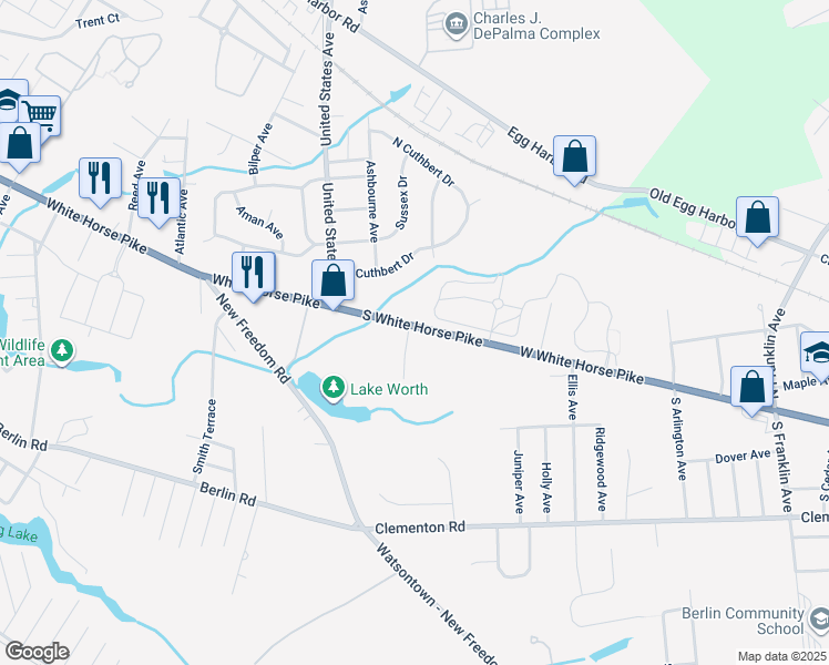 map of restaurants, bars, coffee shops, grocery stores, and more near 2438 South White Horse Pike in Lindenwold