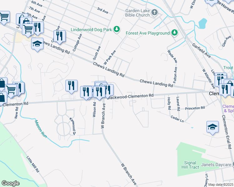 map of restaurants, bars, coffee shops, grocery stores, and more near 105 Blackwood Clementon Road in Lindenwold