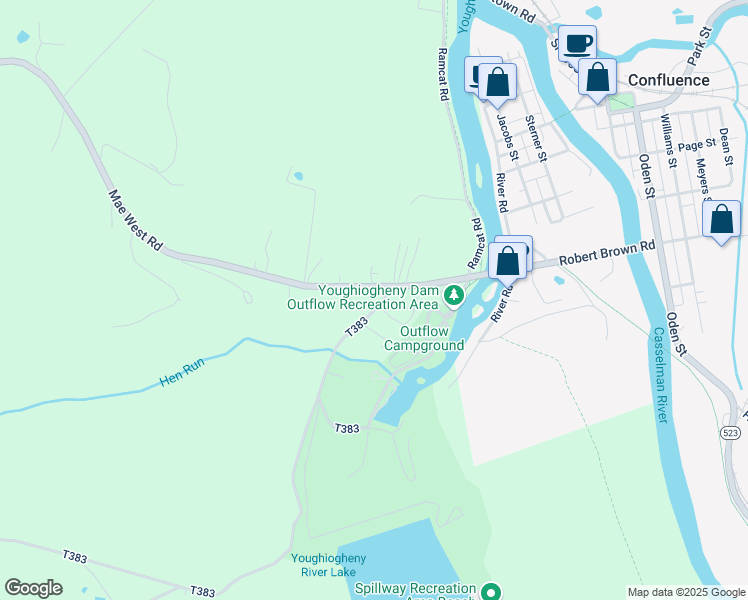 map of restaurants, bars, coffee shops, grocery stores, and more near 1489 Mae West Road in Confluence