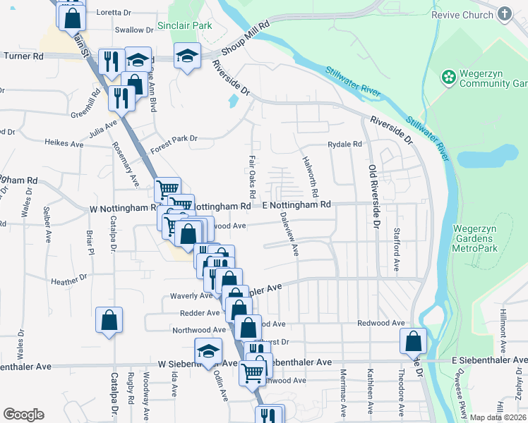 map of restaurants, bars, coffee shops, grocery stores, and more near 236 East Nottingham Road in Dayton
