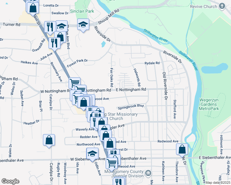 map of restaurants, bars, coffee shops, grocery stores, and more near 236 East Nottingham Road in Dayton