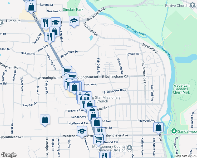 map of restaurants, bars, coffee shops, grocery stores, and more near 236 East Nottingham Road in Dayton