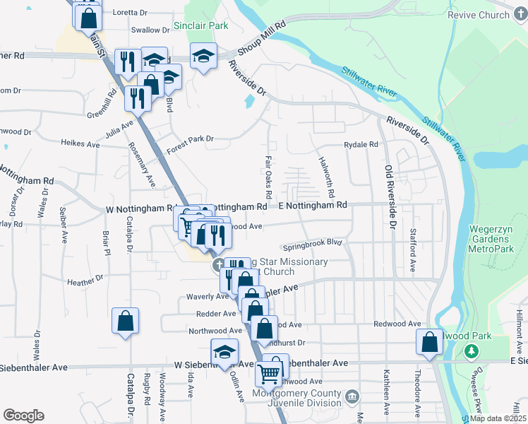map of restaurants, bars, coffee shops, grocery stores, and more near 236 East Nottingham Road in Dayton