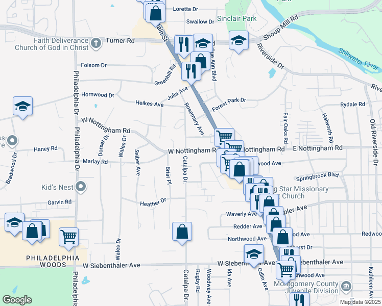 map of restaurants, bars, coffee shops, grocery stores, and more near 76 West Nottingham Road in Dayton