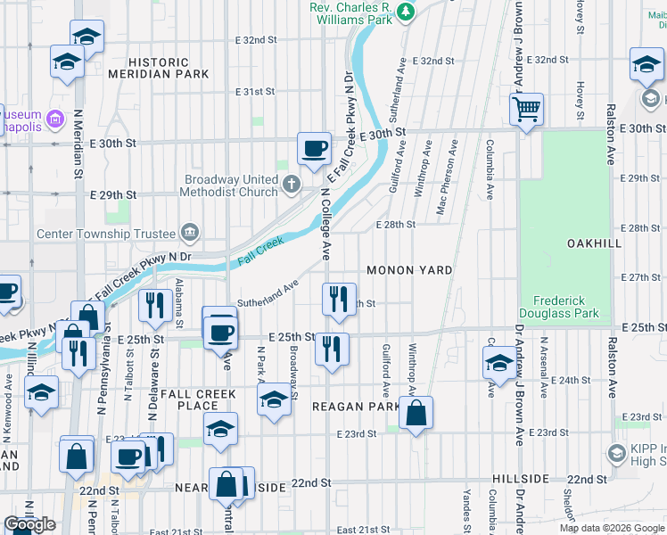 map of restaurants, bars, coffee shops, grocery stores, and more near 2702 North College Avenue in Indianapolis
