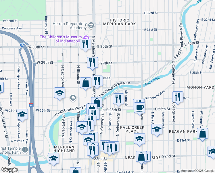 map of restaurants, bars, coffee shops, grocery stores, and more near 2702 North Talbott Street in Indianapolis