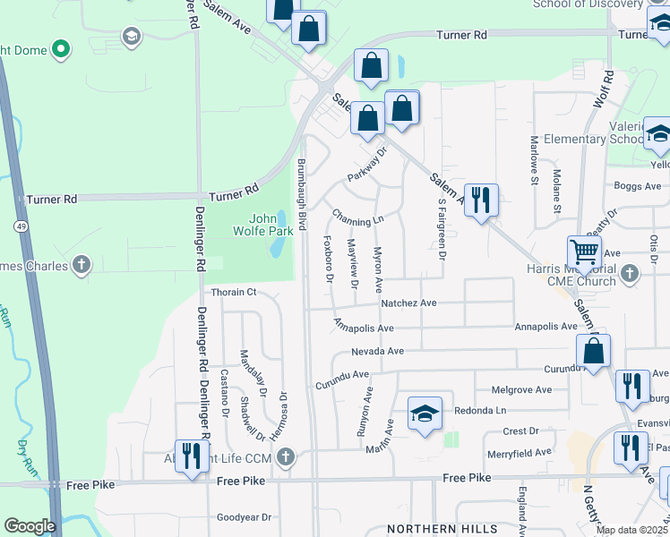 map of restaurants, bars, coffee shops, grocery stores, and more near 4016 Foxboro Drive in Dayton