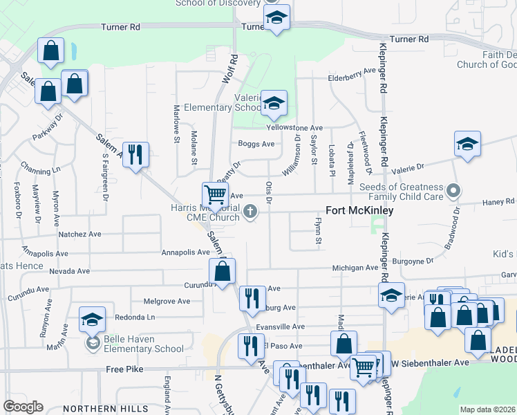 map of restaurants, bars, coffee shops, grocery stores, and more near 4047 Otis Drive in Dayton