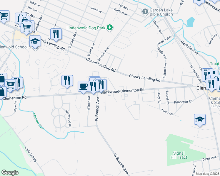 map of restaurants, bars, coffee shops, grocery stores, and more near 105 Blackwood Clementon Road in Lindenwold