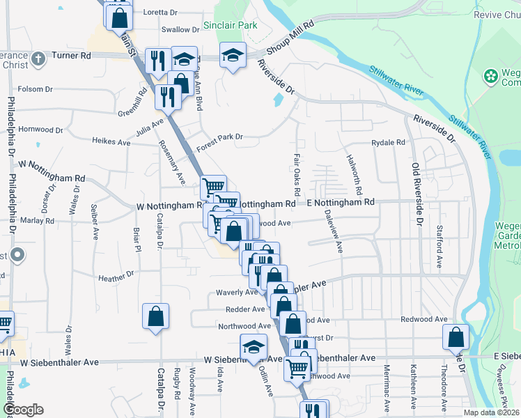 map of restaurants, bars, coffee shops, grocery stores, and more near 80 East Nottingham Road in Dayton