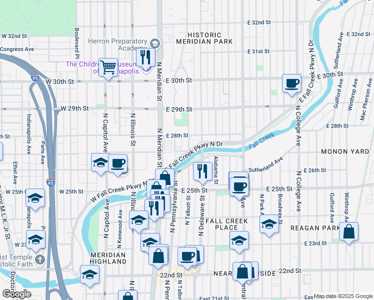 map of restaurants, bars, coffee shops, grocery stores, and more near 2702 North Talbott Street in Indianapolis