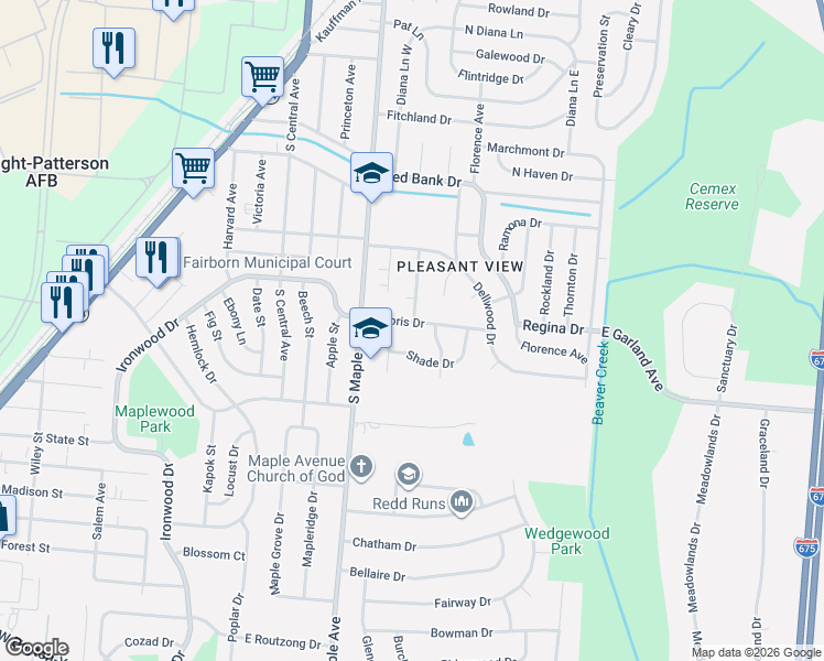 map of restaurants, bars, coffee shops, grocery stores, and more near 241 Shade Drive in Fairborn