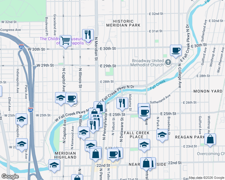 map of restaurants, bars, coffee shops, grocery stores, and more near 2702 North Talbott Street in Indianapolis