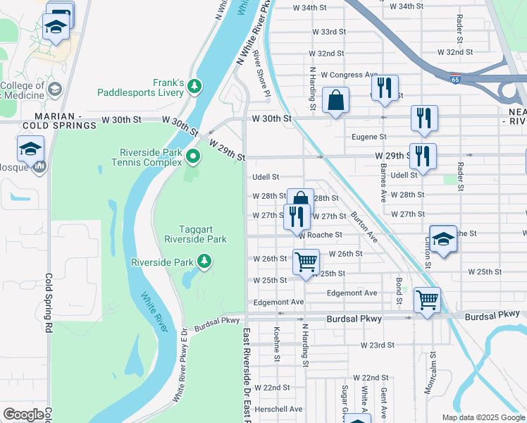 map of restaurants, bars, coffee shops, grocery stores, and more near 1520 West 27th Street in Indianapolis
