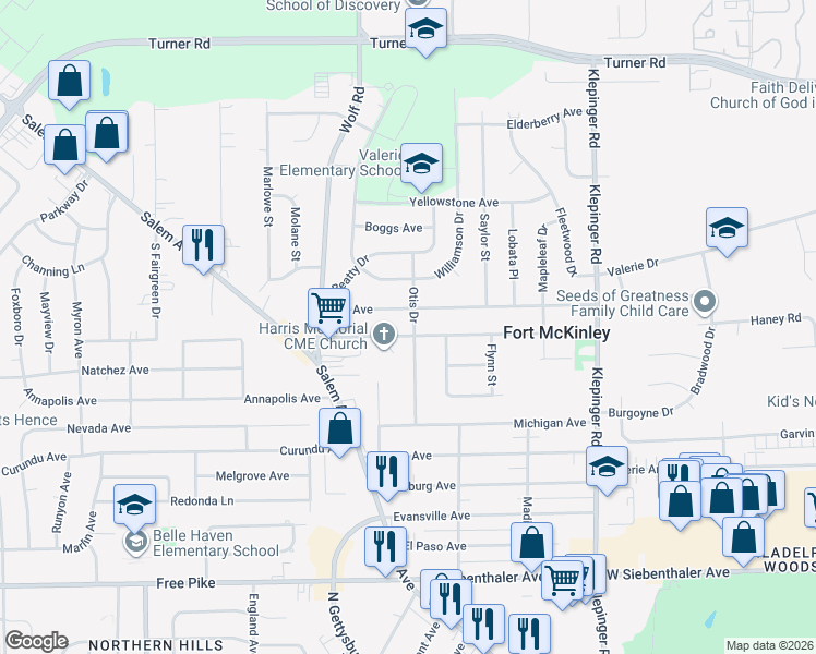 map of restaurants, bars, coffee shops, grocery stores, and more near 4047 Otis Drive in Dayton