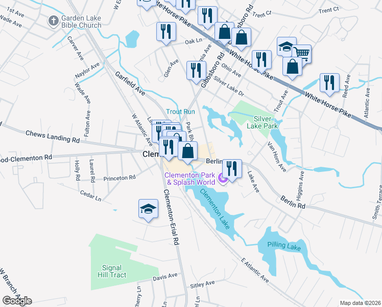 map of restaurants, bars, coffee shops, grocery stores, and more near 1 Garfield Avenue in Clementon